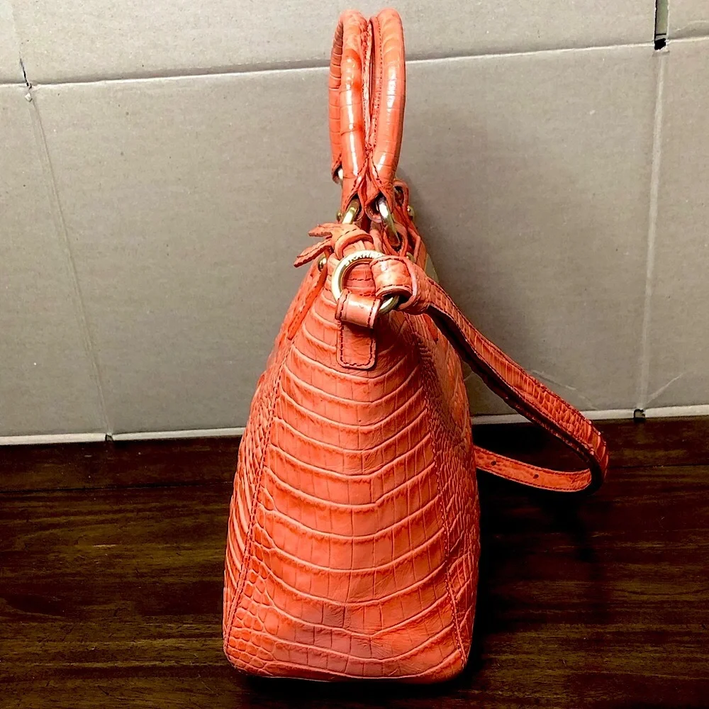 BRAHMIN Croc Embossed Leather Rolled Top Handle Tangerine Satchel Shoulder Bag